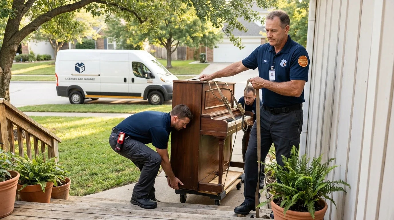 Licensed piano movers securing grand piano in Lebanon, NH