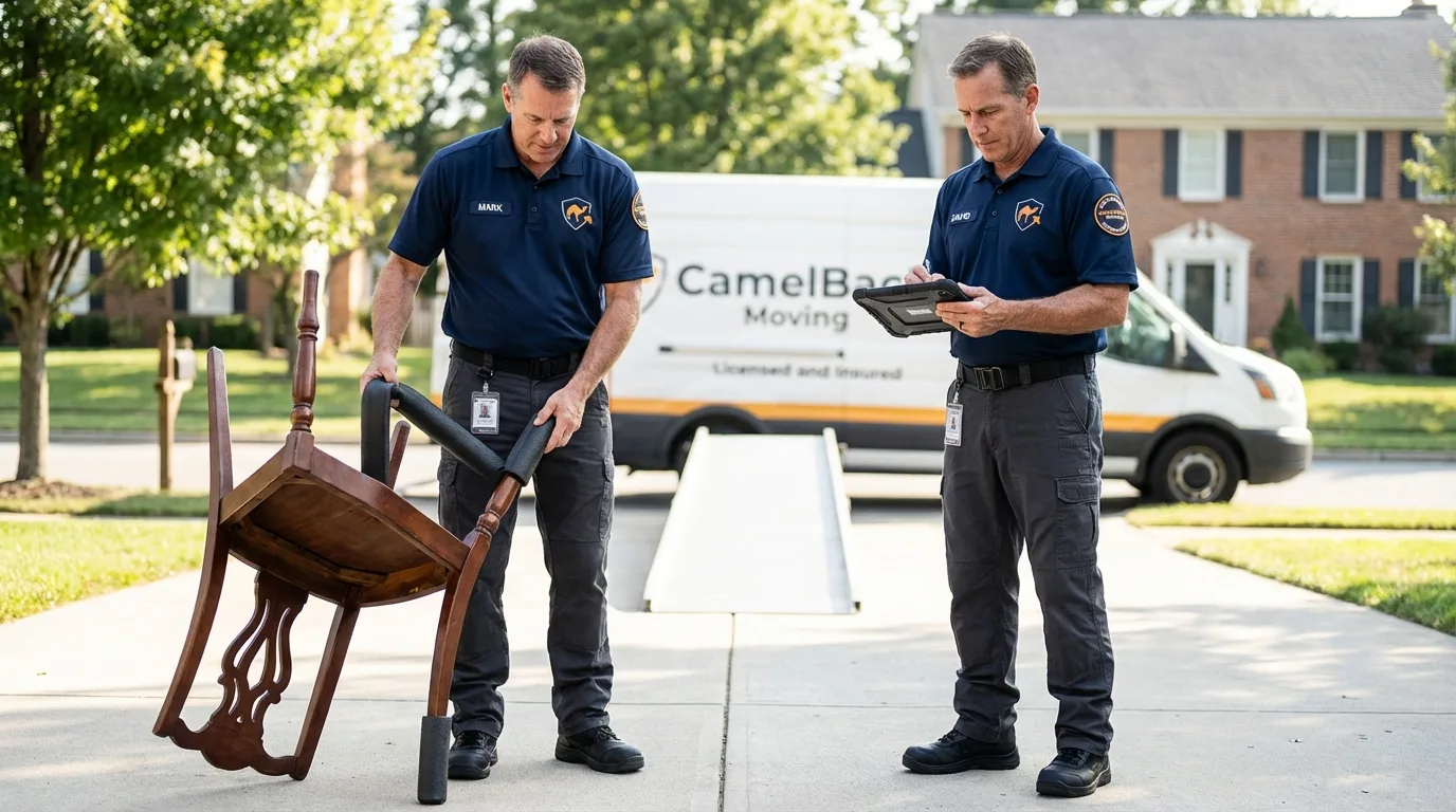 Movers inspecting furniture for damage prevention before loading in Lebanon, NH