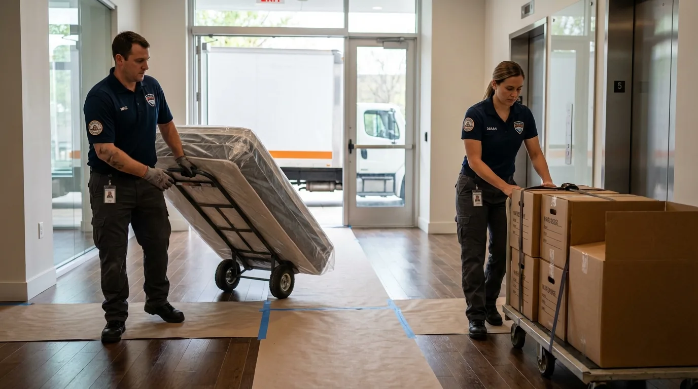 Professional apartment movers loading elevator in Lebanon, NH
