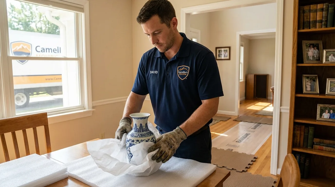 Professional crew carefully wrapping antique vase for senior downsizing move in Lebanon, NH