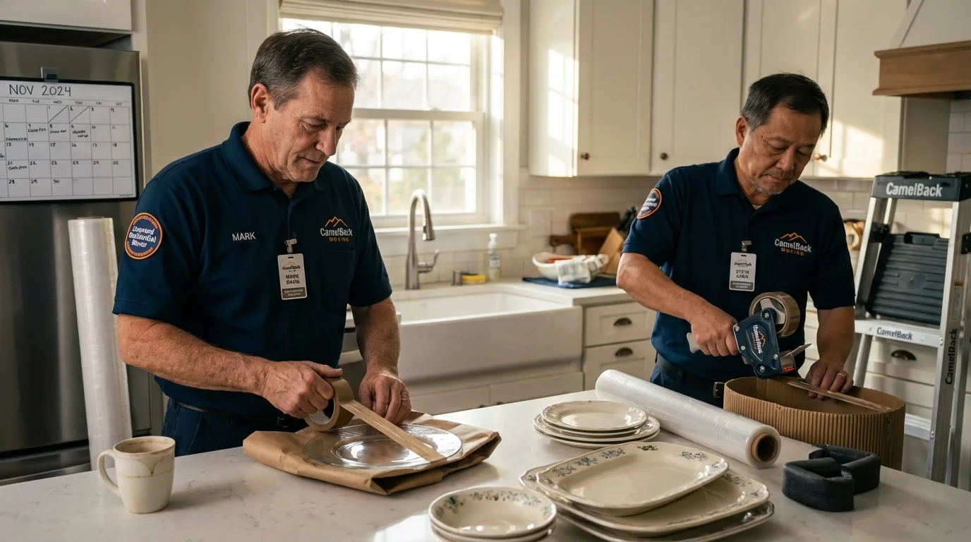 Professional crew packing kitchen dishware in Lebanon, NH